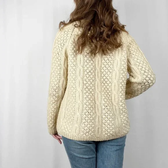 Vintage Hand Knit Oversized Cable Knit Aran Fisherman Cardigan Sweater Grandpa - Picture 3 of 13